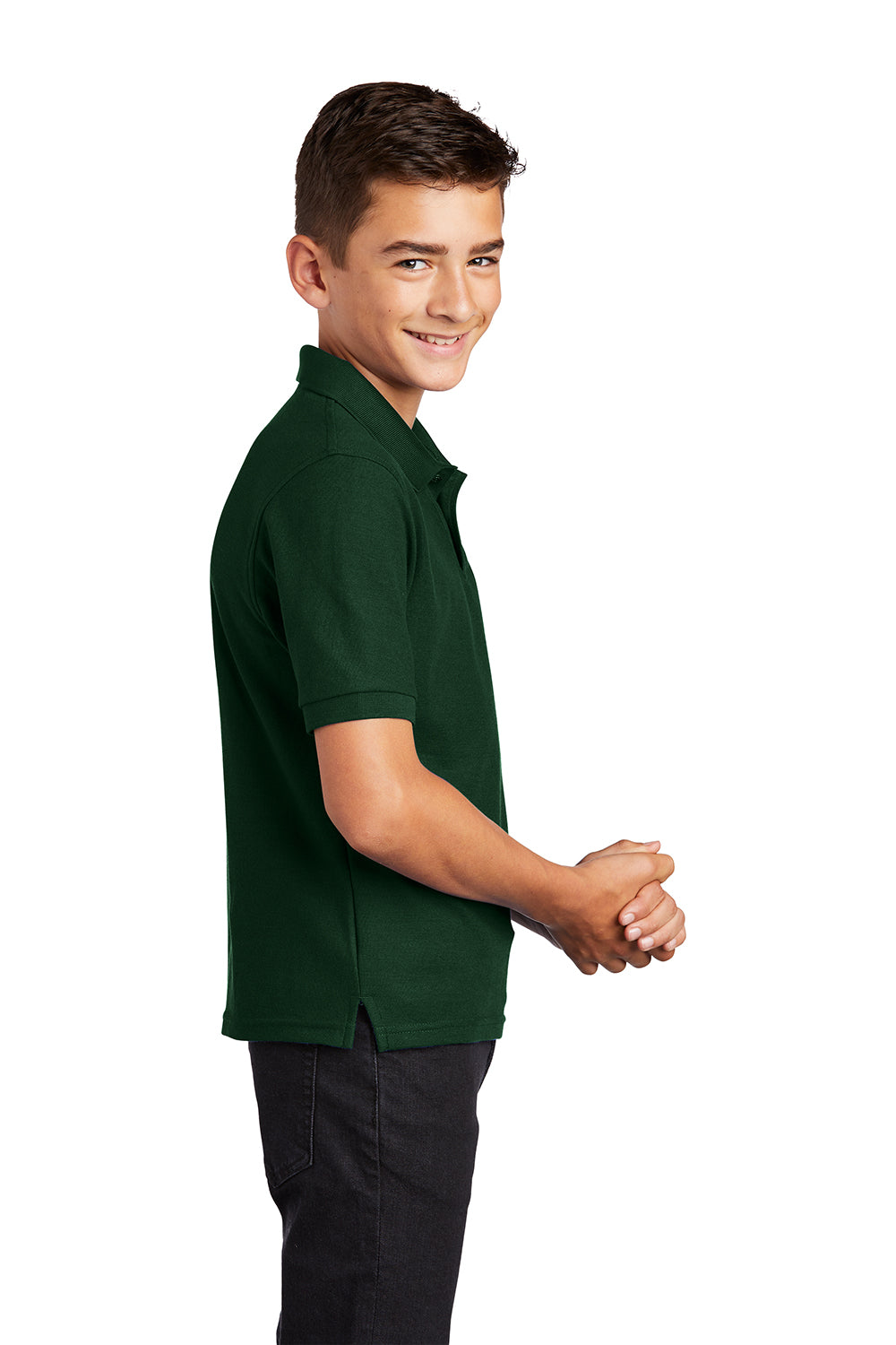 Port Authority Y500 Youth Silk Touch Wrinkle Resistant Short Sleeve Polo Shirt Dark Green Model Side