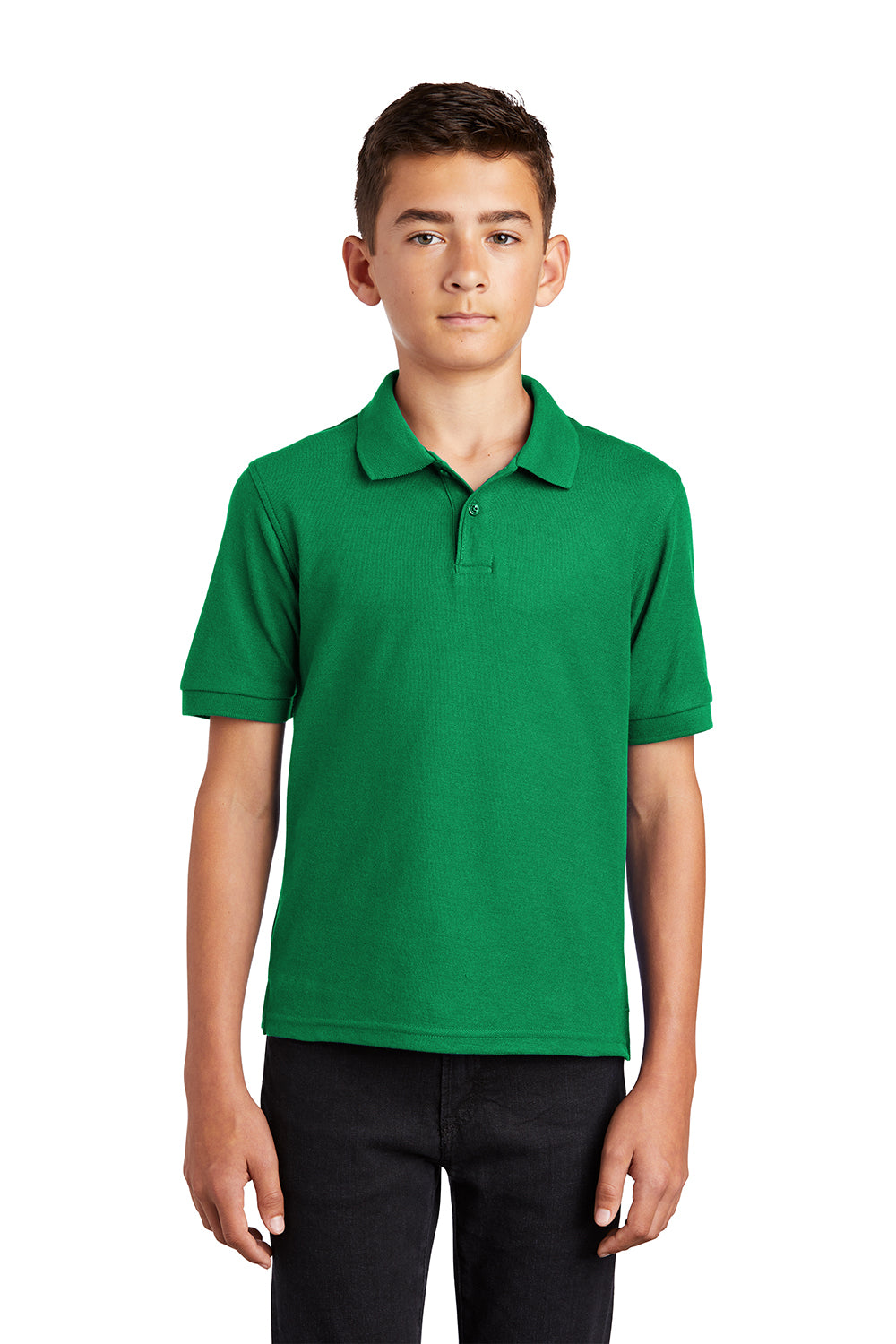 Port Authority Y500 Youth Silk Touch Wrinkle Resistant Short Sleeve Polo Shirt Kelly Green Model Front