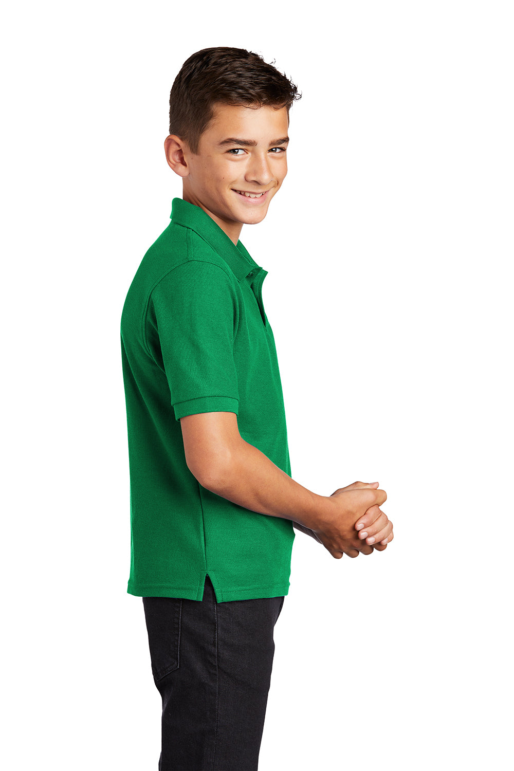 Port Authority Y500 Youth Silk Touch Wrinkle Resistant Short Sleeve Polo Shirt Kelly Green Model Side