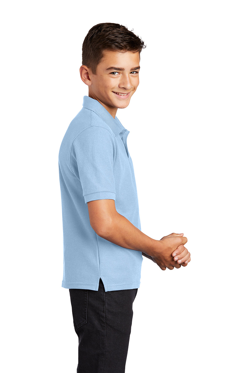 Port Authority Y500 Youth Silk Touch Wrinkle Resistant Short Sleeve Polo Shirt Light Blue Model Side