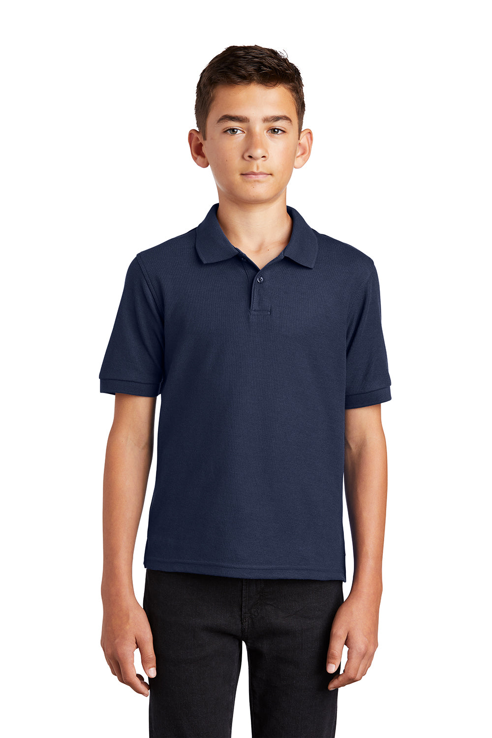 Port Authority Y500 Youth Silk Touch Wrinkle Resistant Short Sleeve Polo Shirt Navy Blue Model Front