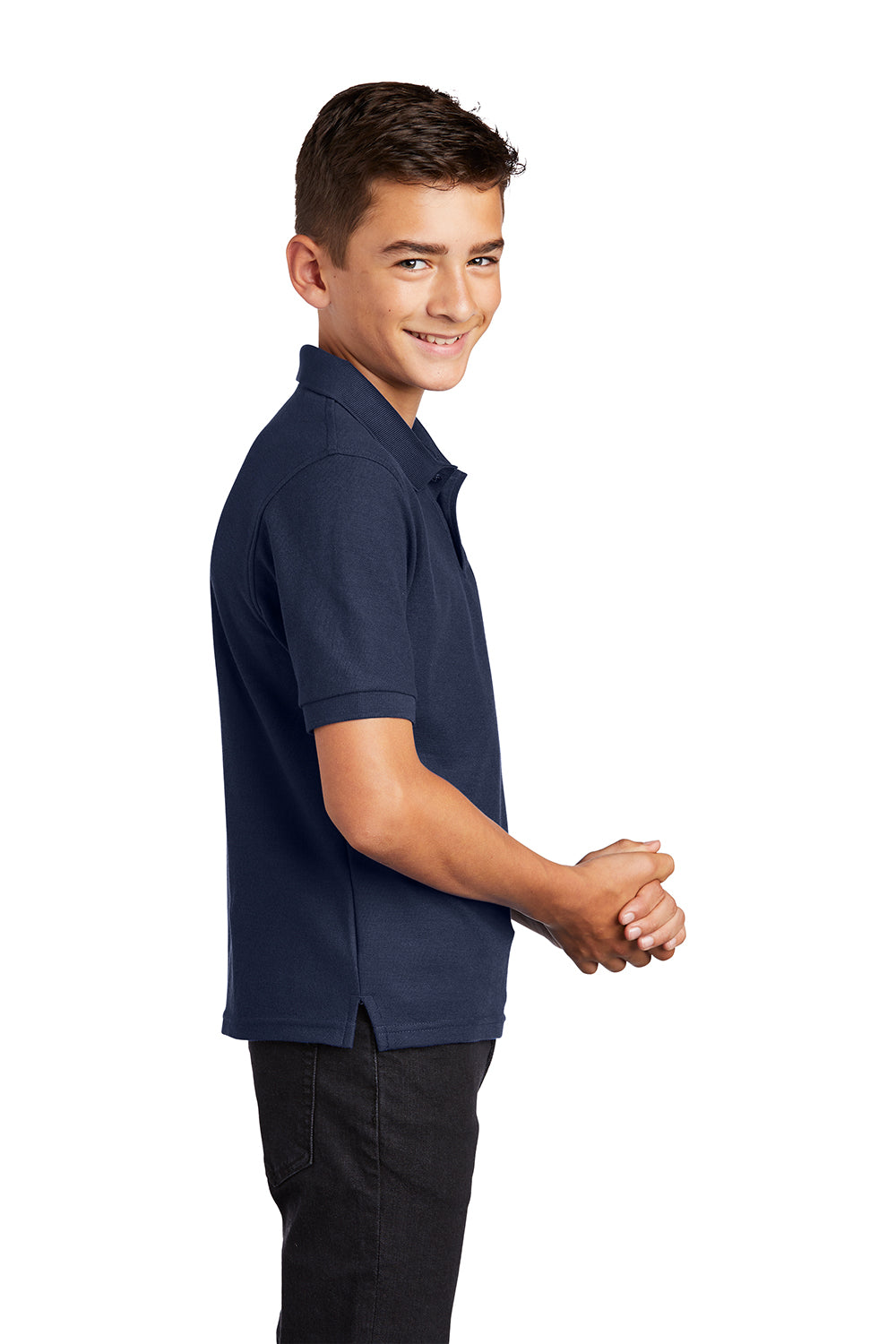 Port Authority Y500 Youth Silk Touch Wrinkle Resistant Short Sleeve Polo Shirt Navy Blue Model Side