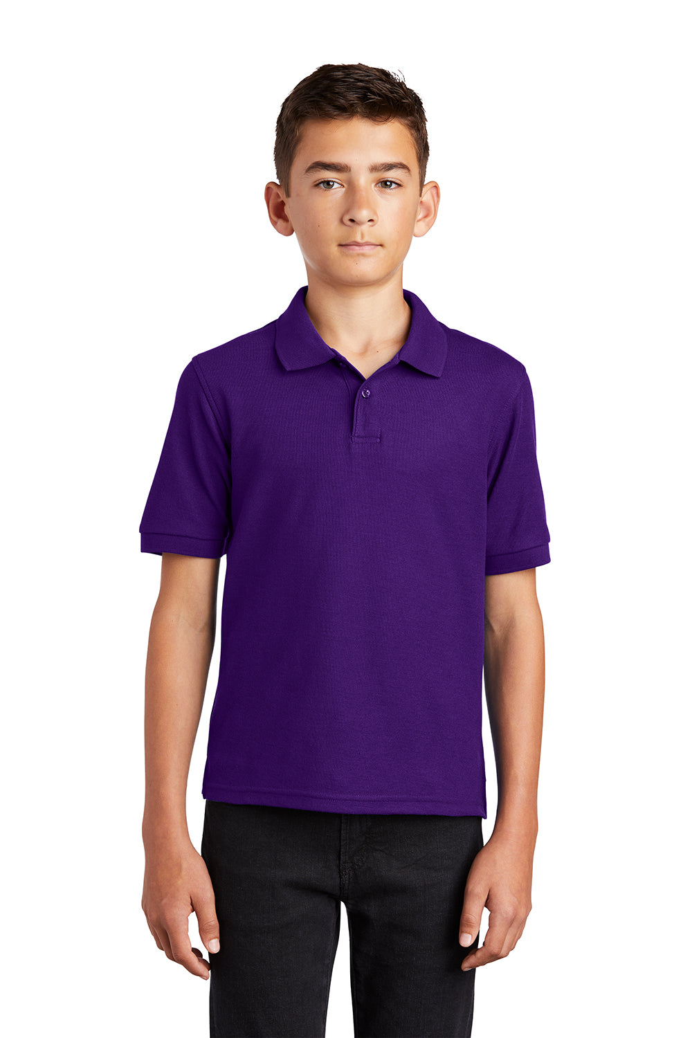 Port Authority Y500 Youth Silk Touch Wrinkle Resistant Short Sleeve Polo Shirt Purple Model Front