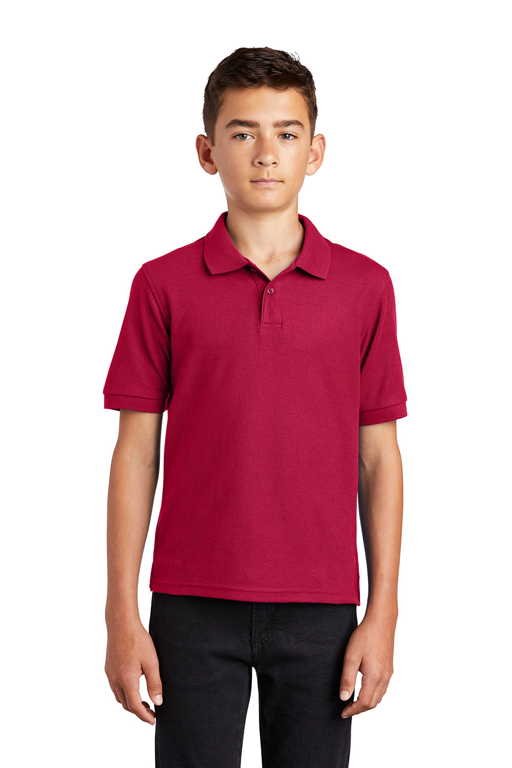 Port Authority Y500 Youth Silk Touch Wrinkle Resistant Short Sleeve Polo Shirt Red Model Front