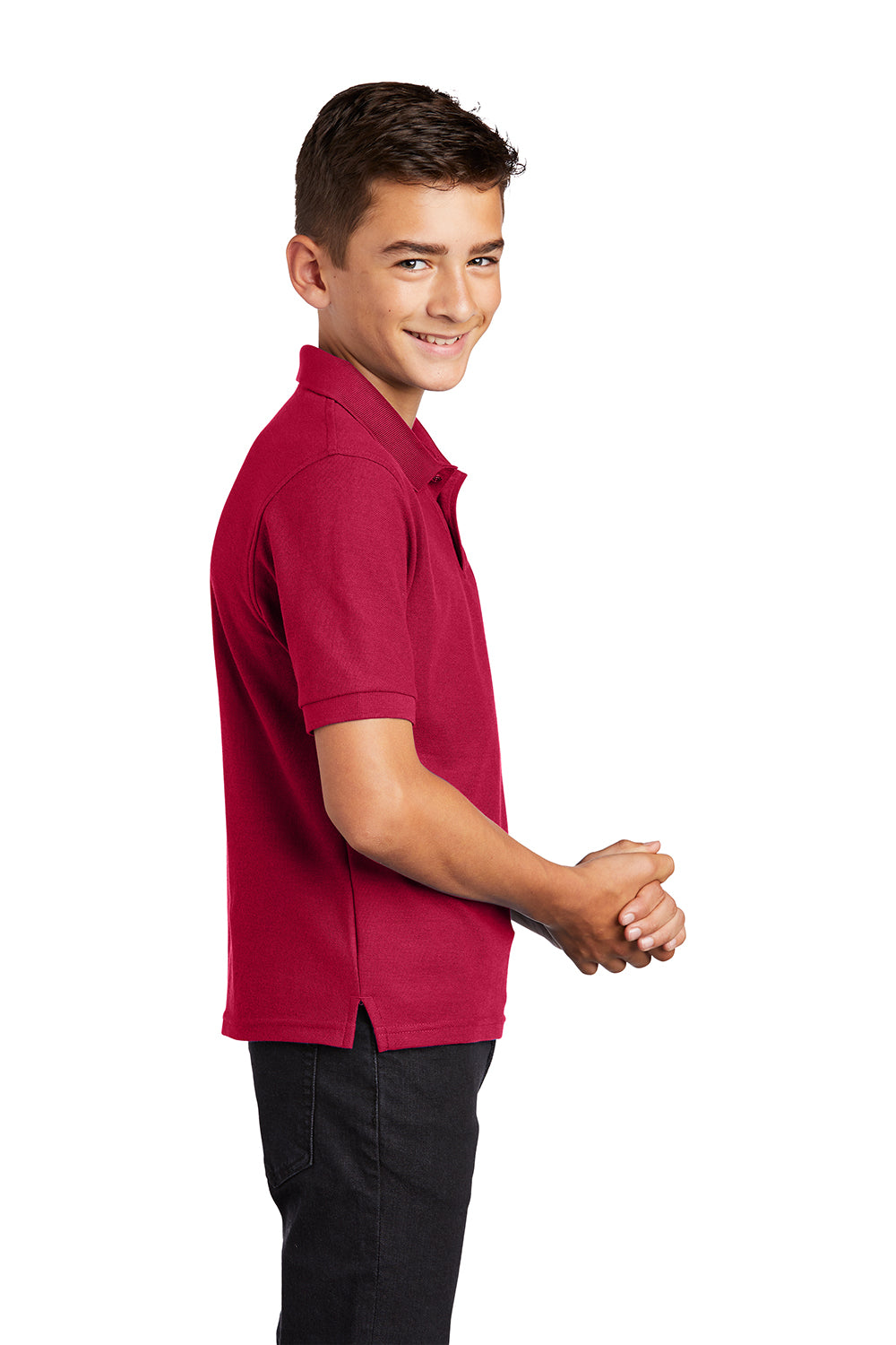 Port Authority Y500 Youth Silk Touch Wrinkle Resistant Short Sleeve Polo Shirt Red Model Side