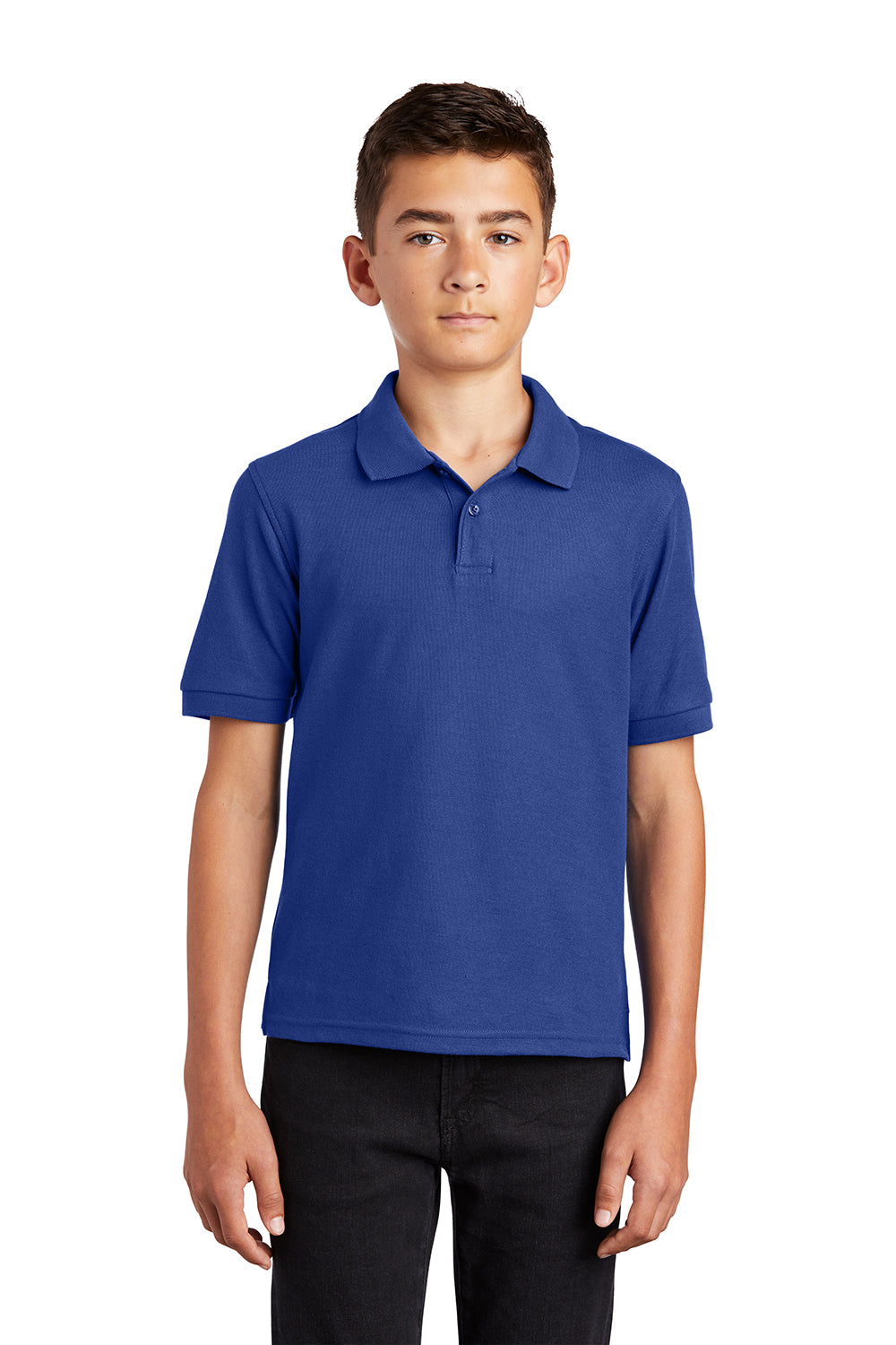 Port Authority Y500 Youth Silk Touch Wrinkle Resistant Short Sleeve Polo Shirt Royal Blue Model Front