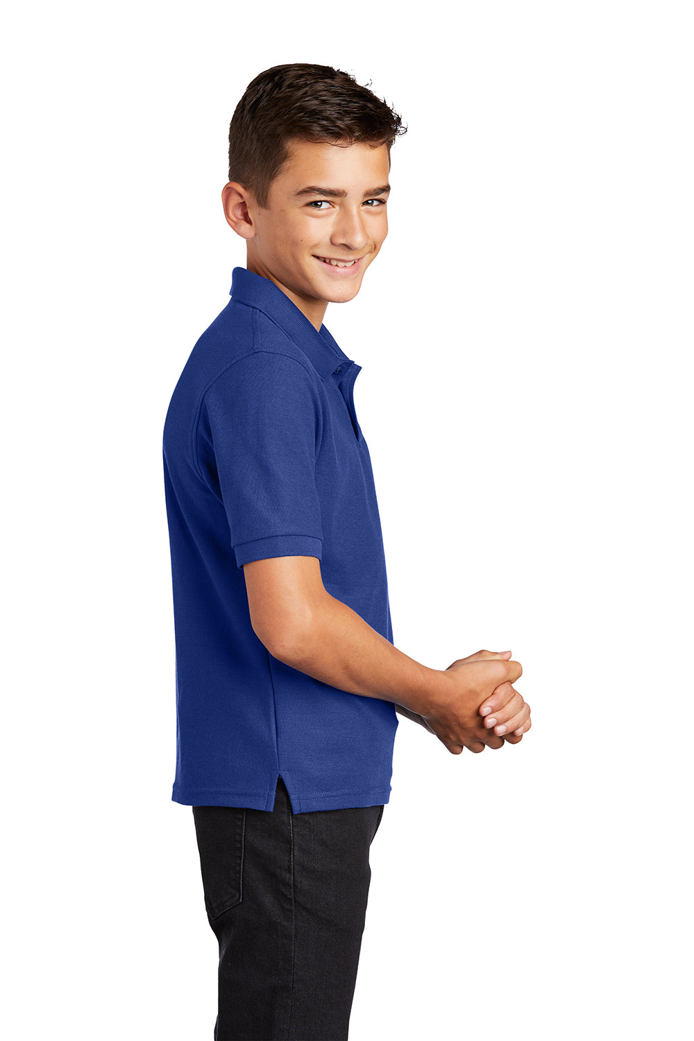 Port Authority Y500 Youth Silk Touch Wrinkle Resistant Short Sleeve Polo Shirt Royal Blue Model Side