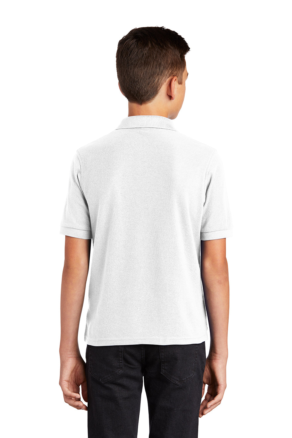 Port Authority Y500 Youth Silk Touch Wrinkle Resistant Short Sleeve Polo Shirt White Model Back