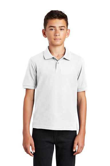 Port Authority Y500 Youth Silk Touch Wrinkle Resistant Short Sleeve Polo Shirt White Model Front