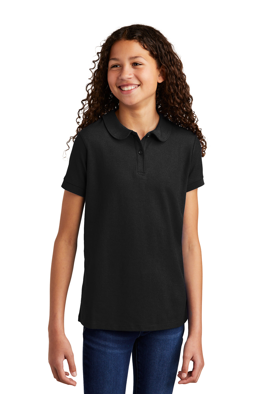 Port Authority YG503 Youth Silk Touch Wrinkle Resistant Short Sleeve Polo Shirt Black Model Front