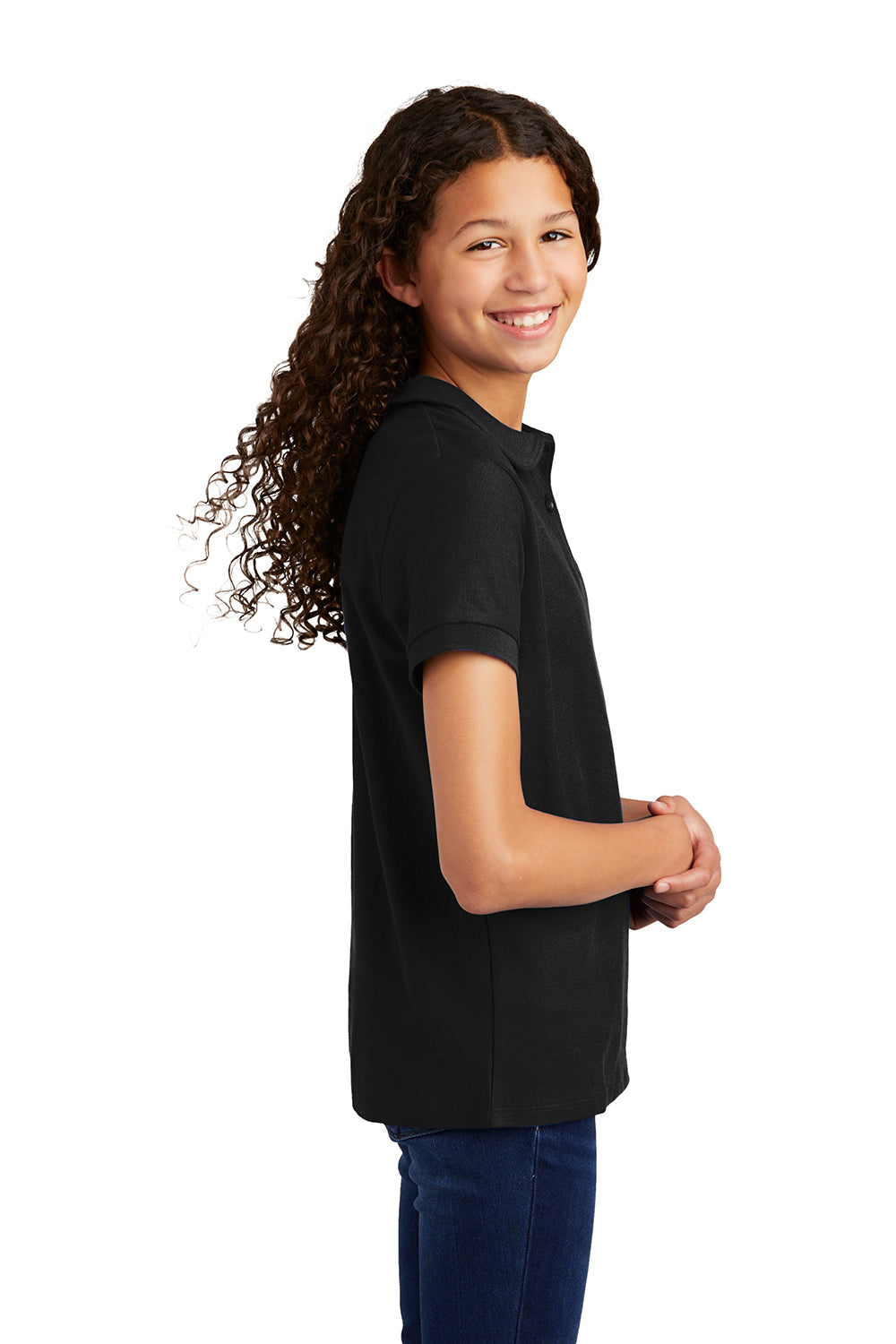 Port Authority YG503 Youth Silk Touch Wrinkle Resistant Short Sleeve Polo Shirt Black Model Side