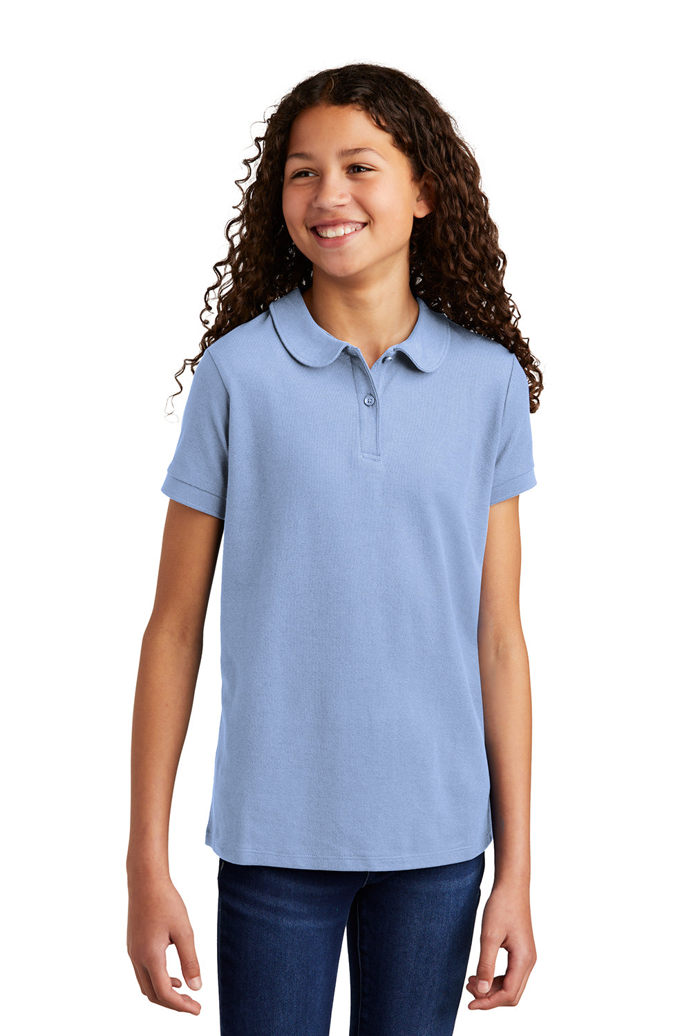 Port Authority YG503 Youth Silk Touch Wrinkle Resistant Short Sleeve Polo Shirt Light Blue Model Front