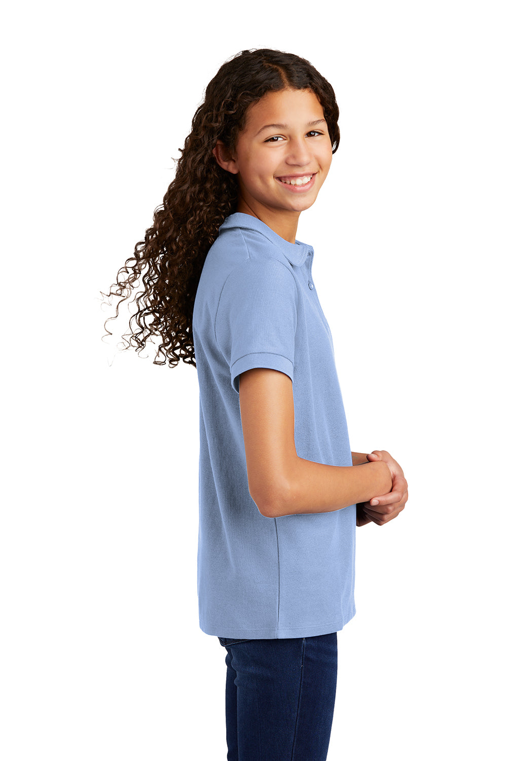 Port Authority YG503 Youth Silk Touch Wrinkle Resistant Short Sleeve Polo Shirt Light Blue Model Side