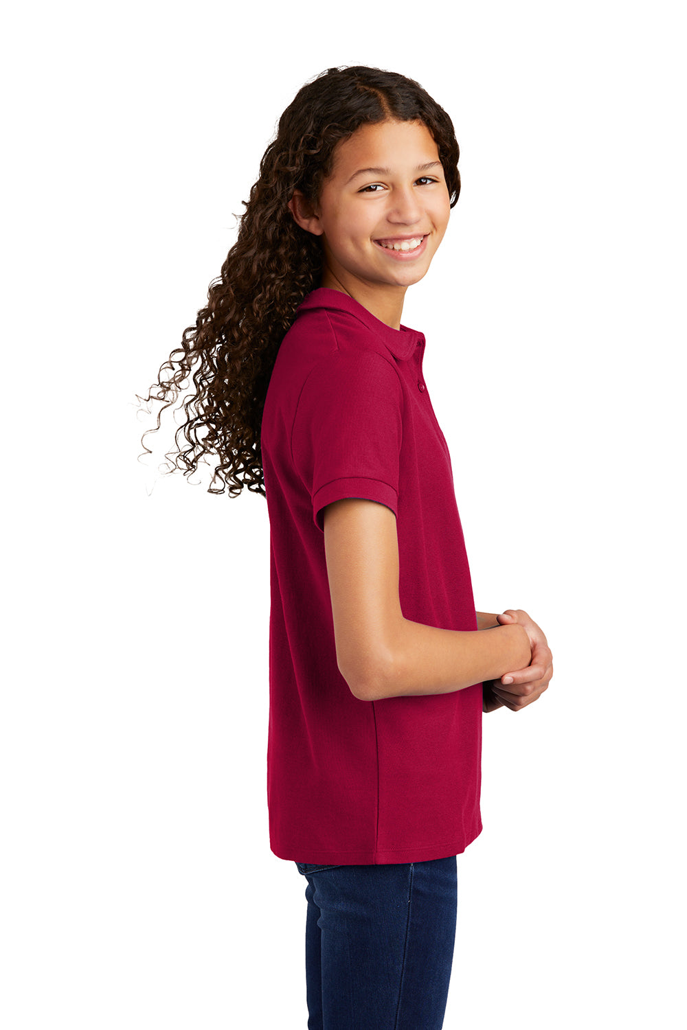 Port Authority YG503 Youth Silk Touch Wrinkle Resistant Short Sleeve Polo Shirt Red Model Side