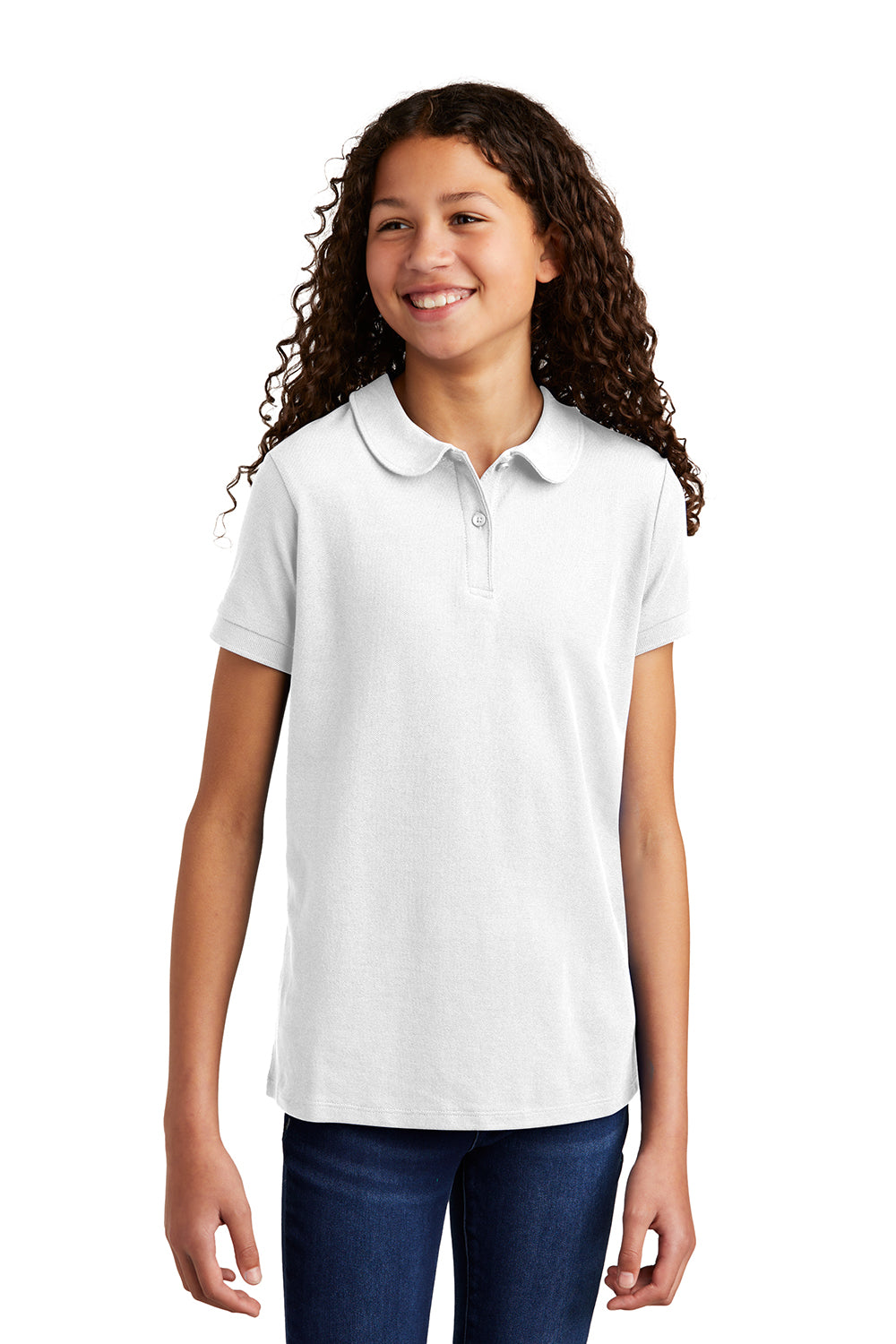 Port Authority YG503 Youth Silk Touch Wrinkle Resistant Short Sleeve Polo Shirt White Model Front