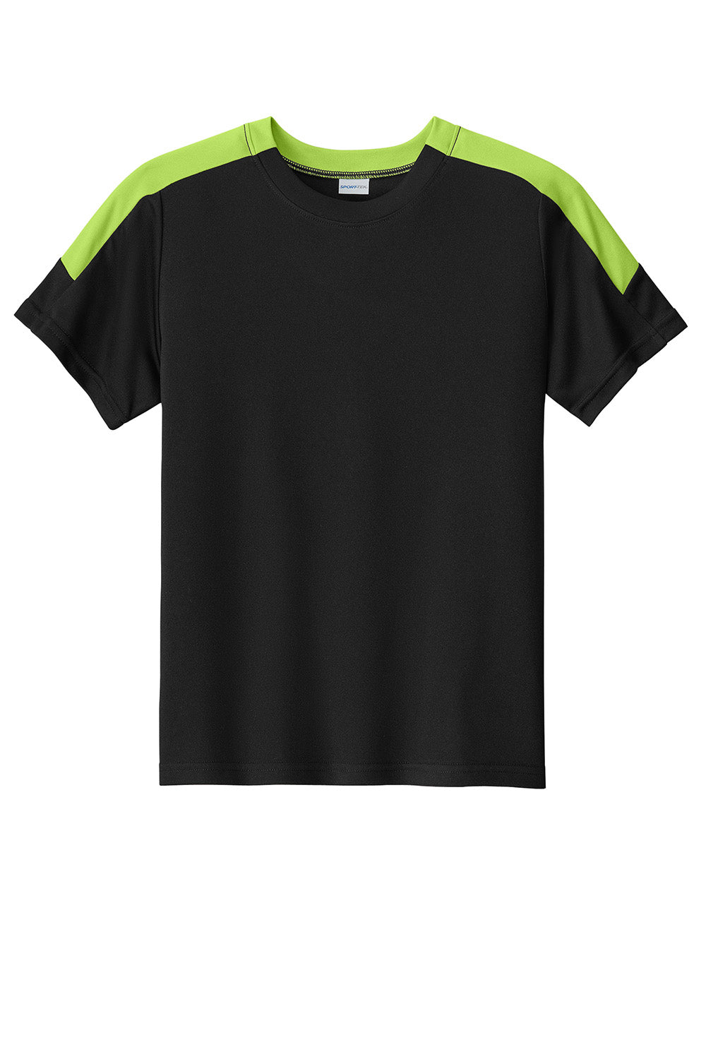 Sport-Tek YST100 Youth Competitor United Short Sleeve Crewneck T-Shirt Black/Lime Shock Green Flat Front