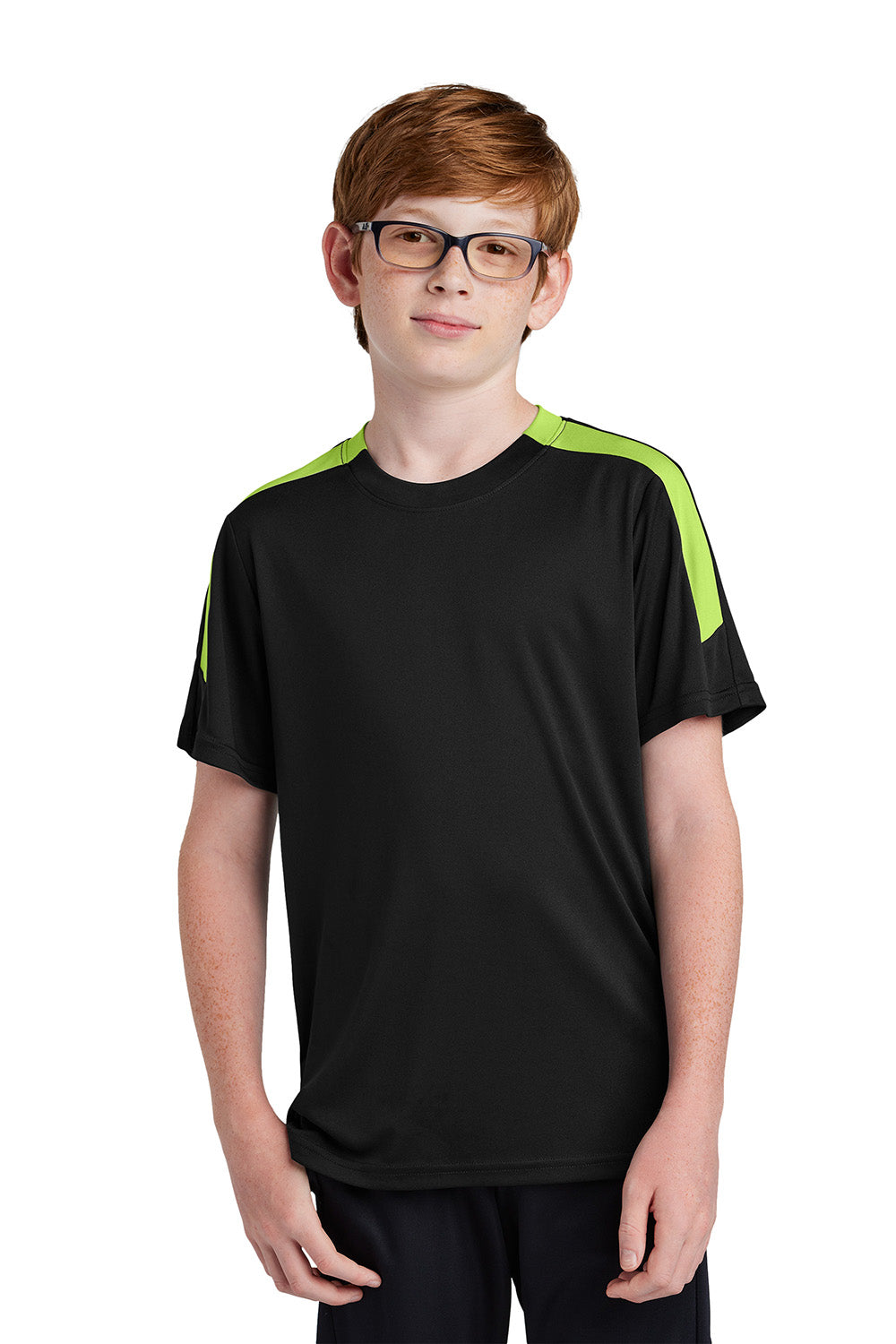 Sport-Tek YST100 Youth Competitor United Short Sleeve Crewneck T-Shirt Black/Lime Shock Green Model Front