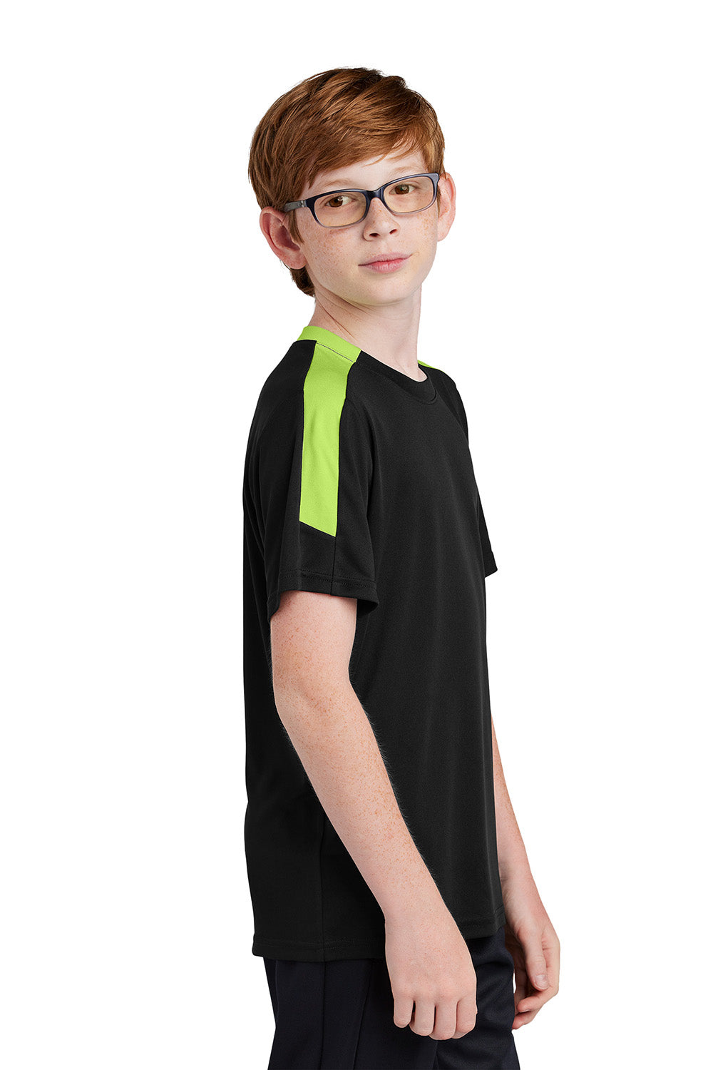 Sport-Tek YST100 Youth Competitor United Short Sleeve Crewneck T-Shirt Black/Lime Shock Green Model Side