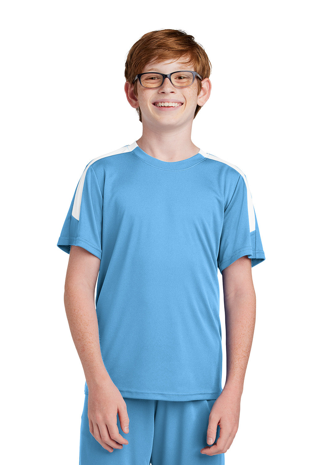 Sport-Tek YST100 Youth Competitor United Short Sleeve Crewneck T-Shirt Carolina Blue/White Model Front