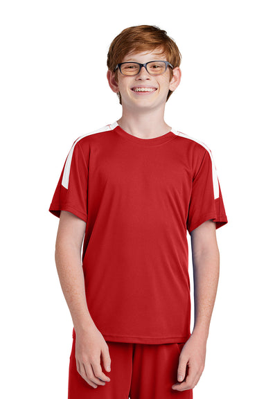 Sport-Tek YST100 Youth Competitor United Short Sleeve Crewneck T-Shirt Deep Red/White Model Front