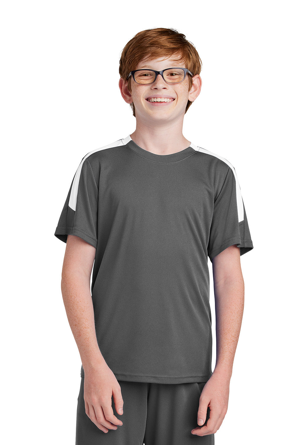 Sport-Tek YST100 Youth Competitor United Short Sleeve Crewneck T-Shirt Iron Grey/White Model Front