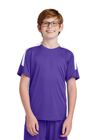 Sport-Tek YST100 Youth Competitor United Short Sleeve Crewneck T-Shirt Purple/White Model Front