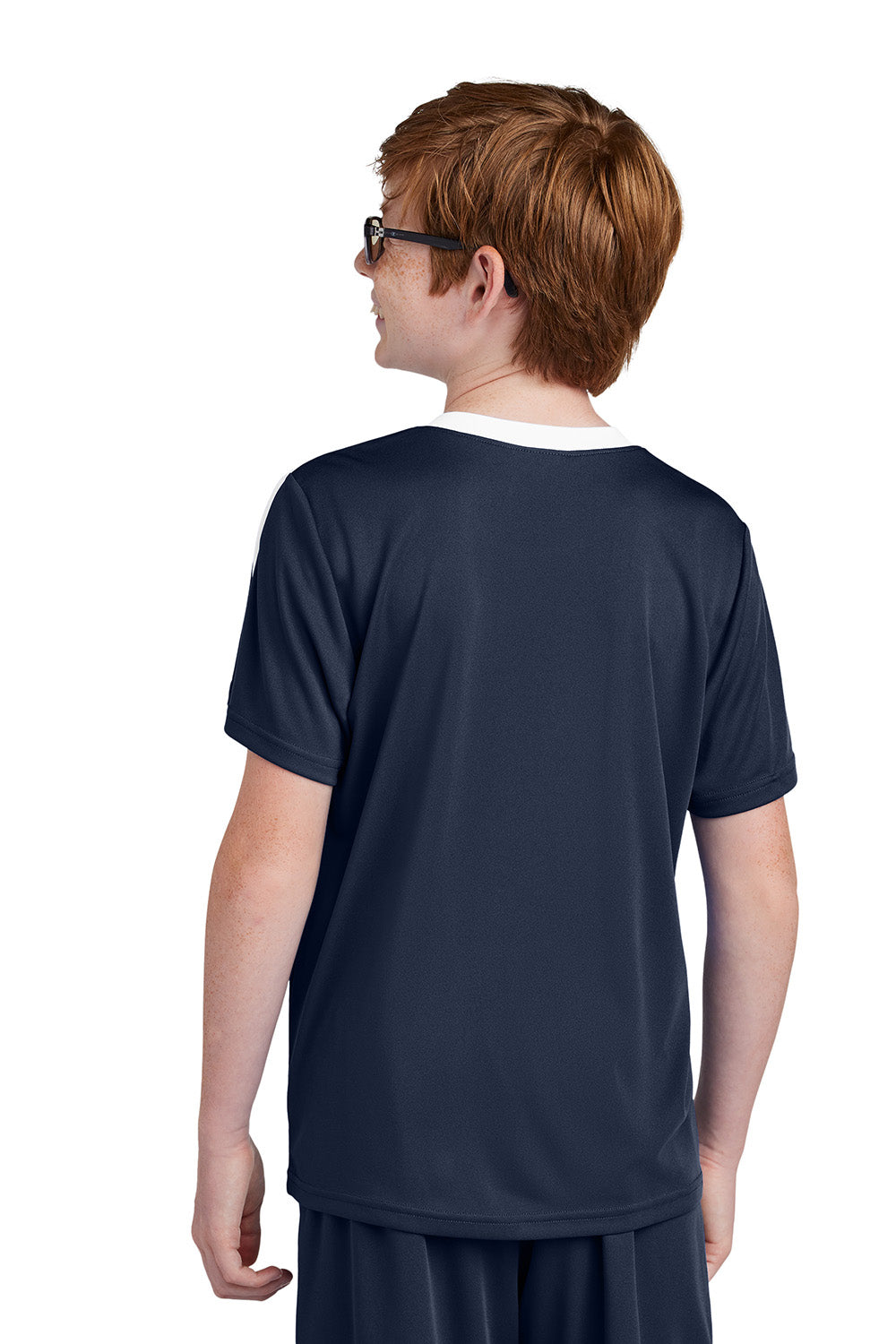 Sport-Tek YST100 Youth Competitor United Short Sleeve Crewneck T-Shirt True Navy Blue/White Model Back