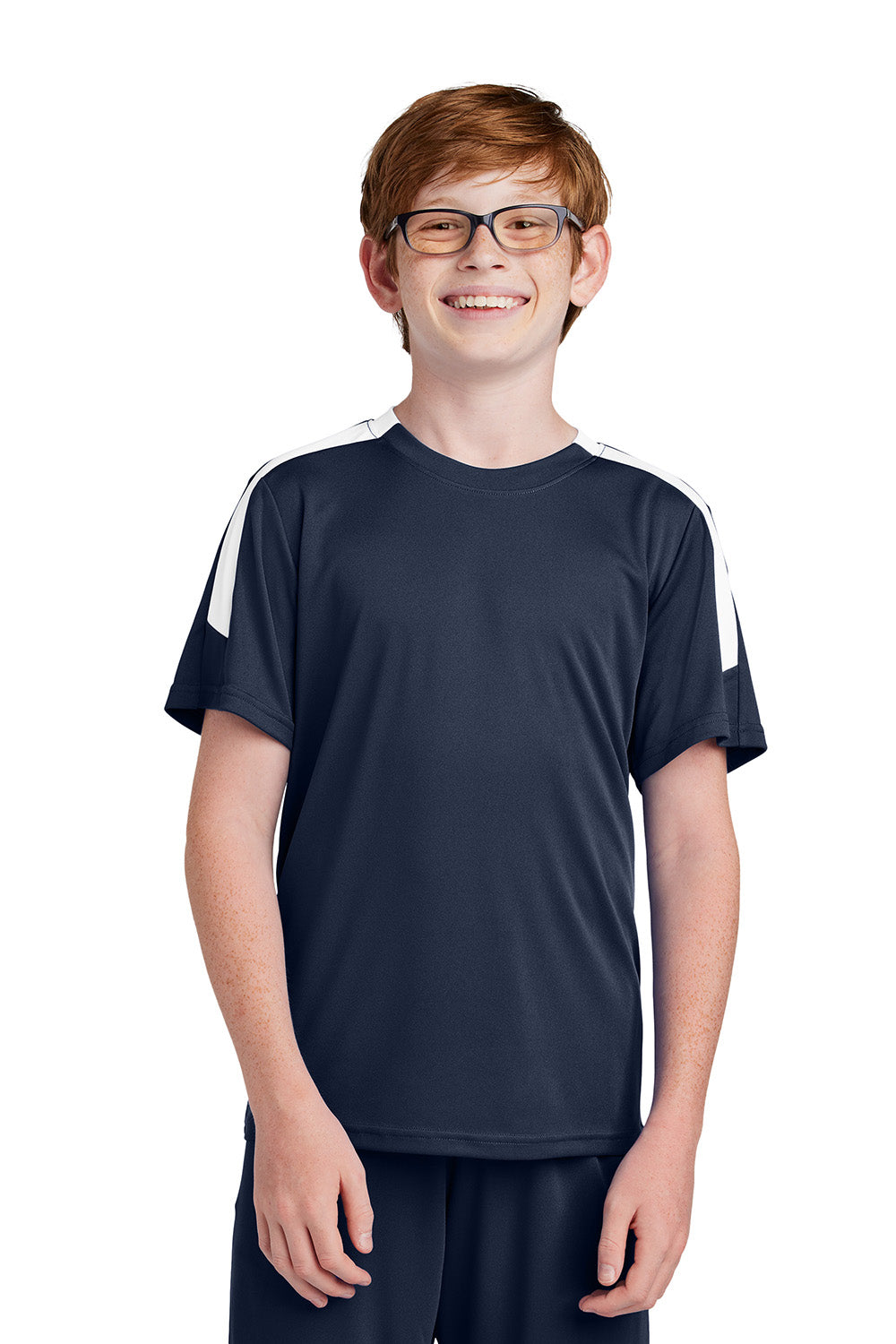 Sport-Tek YST100 Youth Competitor United Short Sleeve Crewneck T-Shirt True Navy Blue/White Model Front