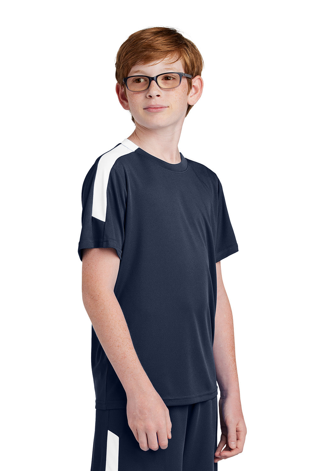 Sport-Tek YST100 Youth Competitor United Short Sleeve Crewneck T-Shirt True Navy Blue/White Model Side