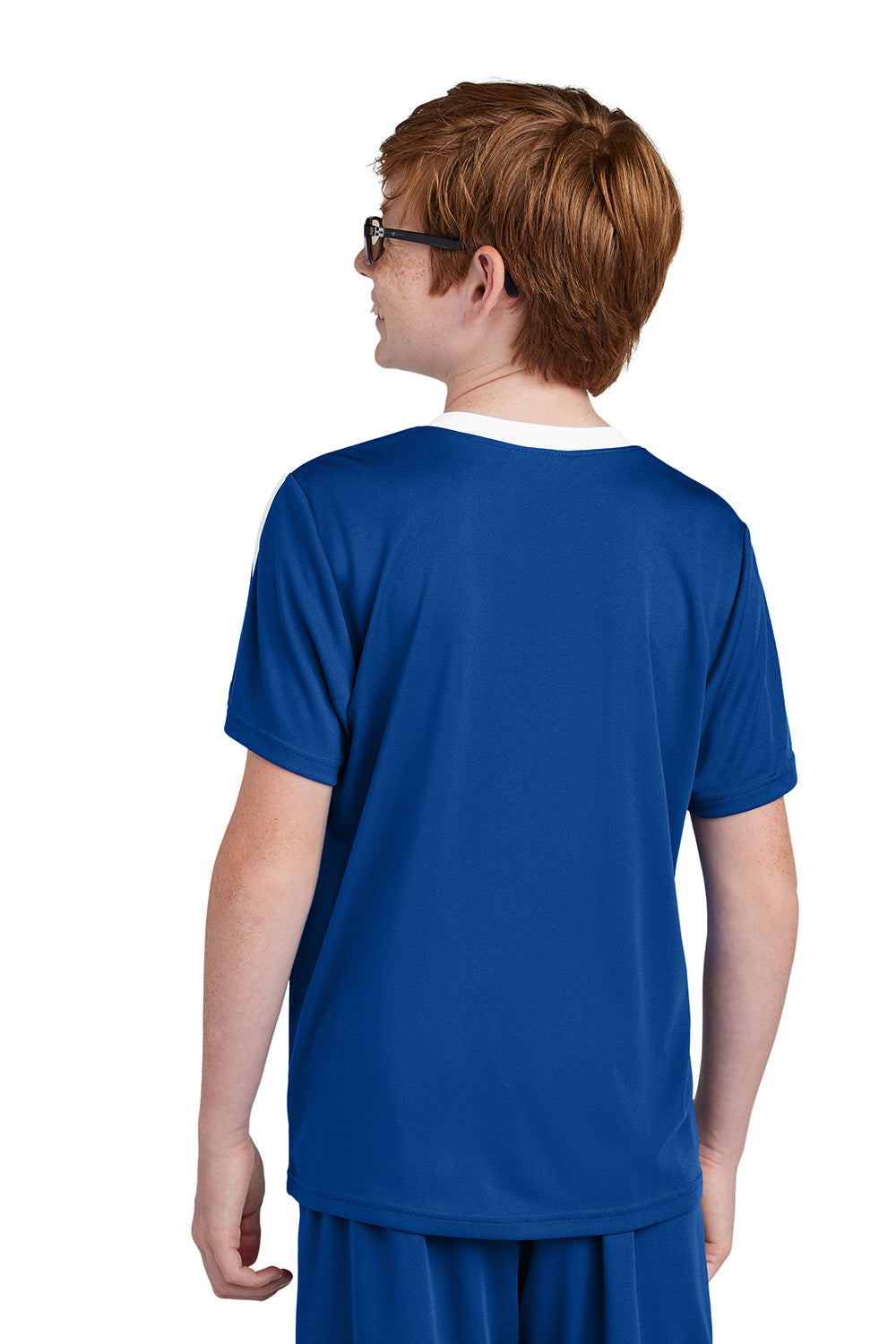 Sport-Tek YST100 Youth Competitor United Short Sleeve Crewneck T-Shirt True Royal Blue/White Model Back