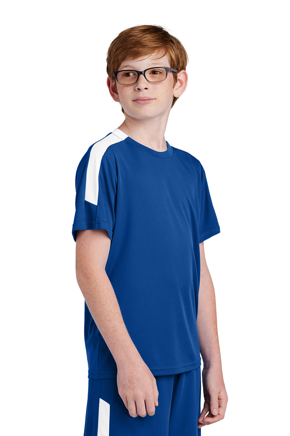 Sport-Tek YST100 Youth Competitor United Short Sleeve Crewneck T-Shirt True Royal Blue/White Model Side