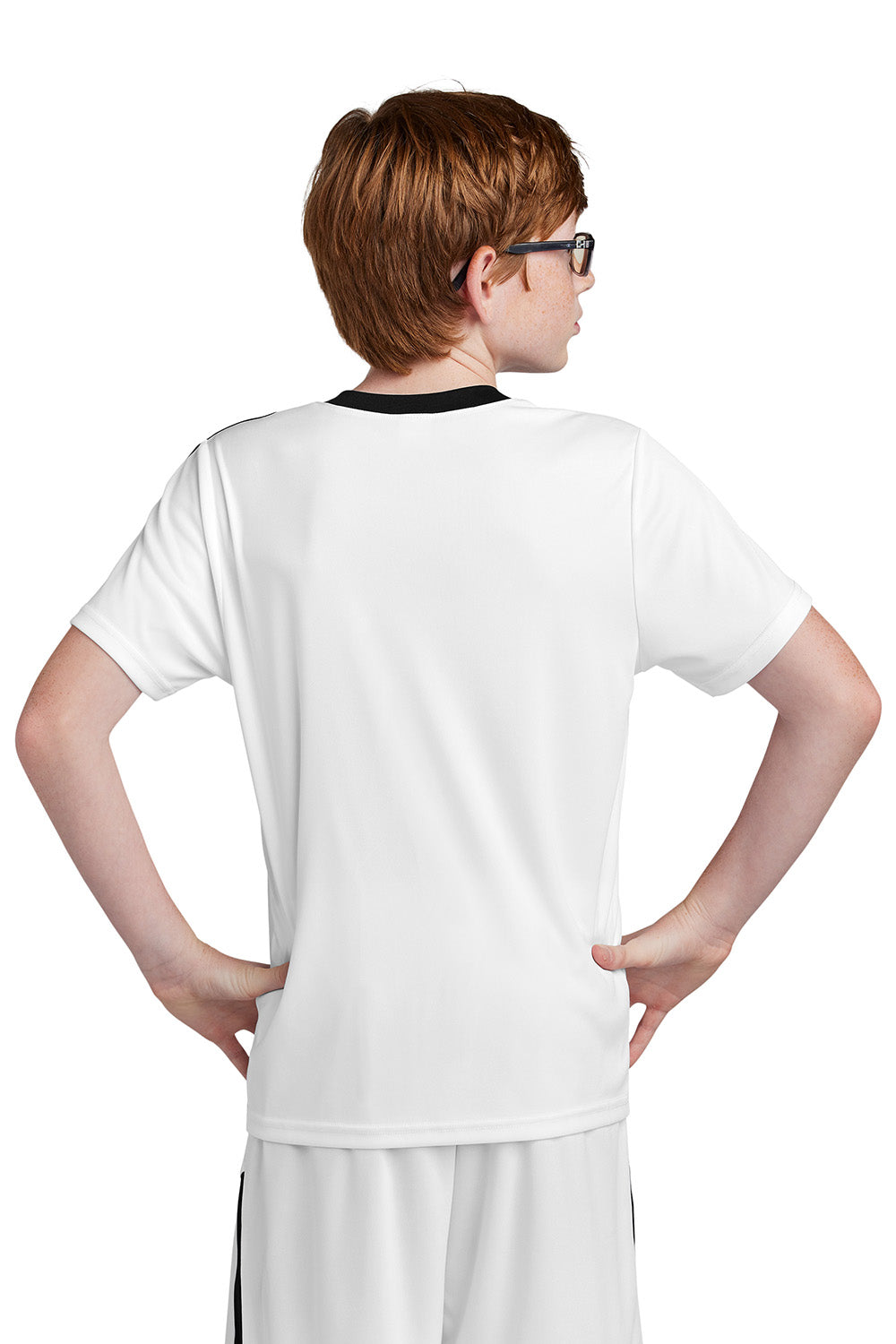 Sport-Tek YST100 Youth Competitor United Short Sleeve Crewneck T-Shirt White/Black Model Back