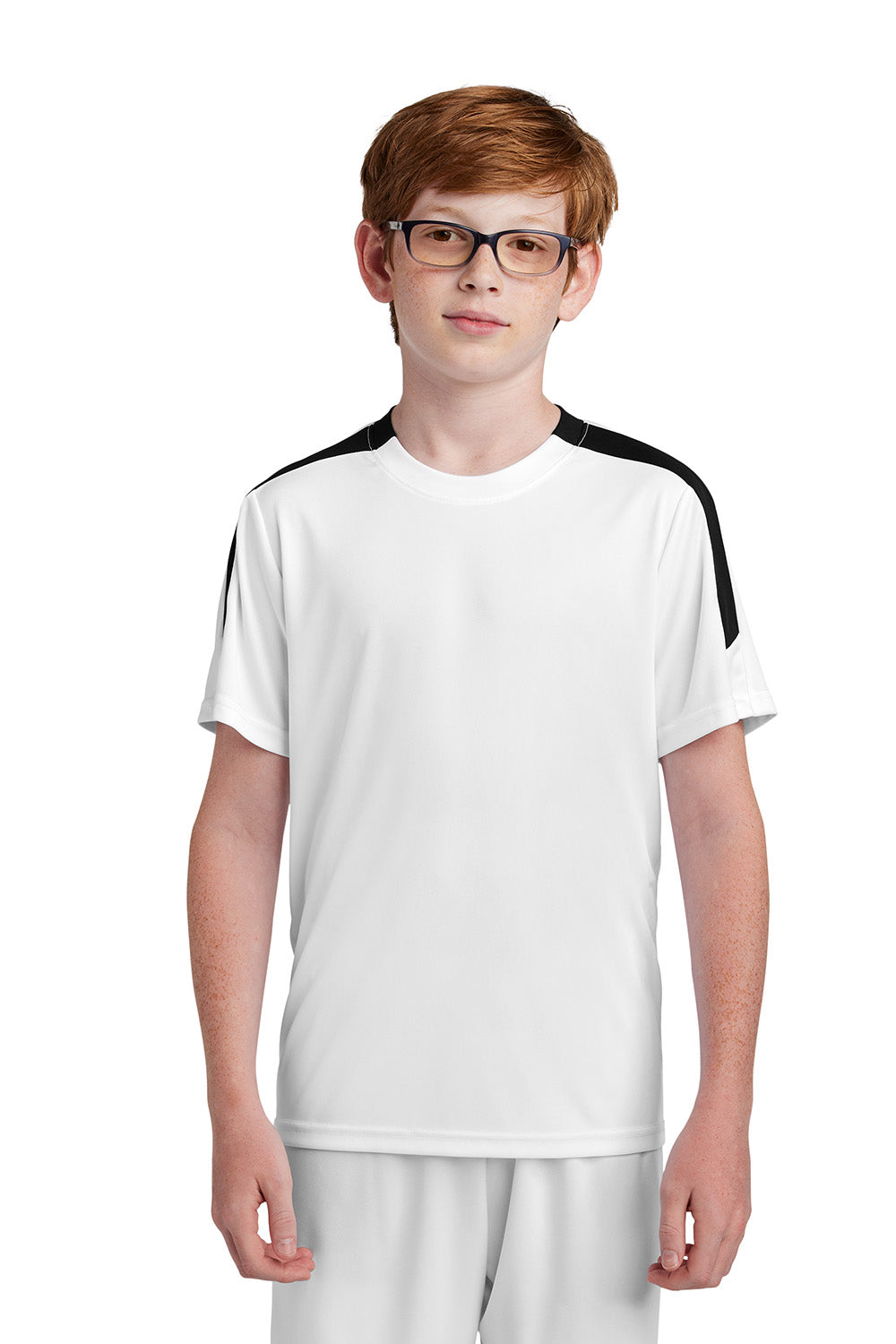 Sport-Tek YST100 Youth Competitor United Short Sleeve Crewneck T-Shirt White/Black Model Front