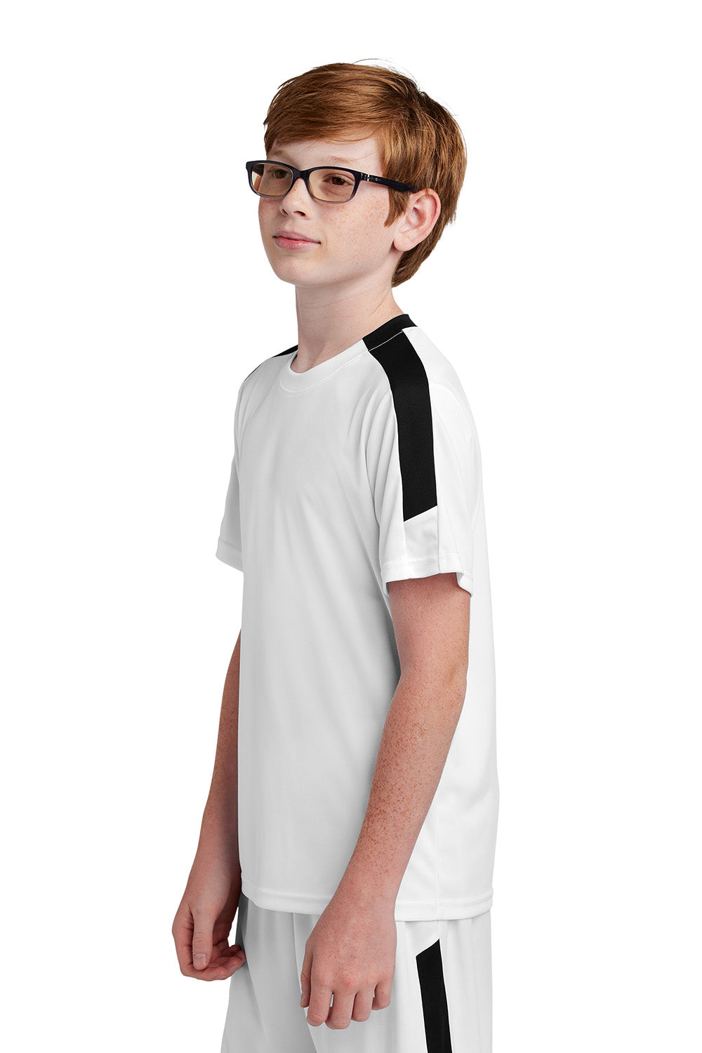 Sport-Tek YST100 Youth Competitor United Short Sleeve Crewneck T-Shirt White/Black Model Side