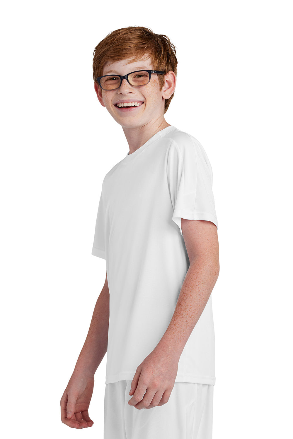 Sport-Tek YST100 Youth Competitor United Short Sleeve Crewneck T-Shirt White Model Side