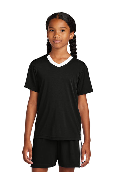 Sport-Tek YST101 Youth Competitor United Short Sleeve V-Neck T-Shirt Black/White Model Front