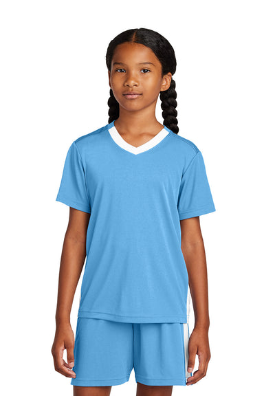 Sport-Tek YST101 Youth Competitor United Short Sleeve V-Neck T-Shirt Carolina Blue/White Model Front