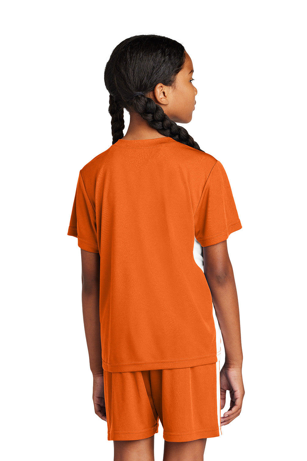 Sport-Tek YST101 Youth Competitor United Short Sleeve V-Neck T-Shirt Deep Orange/White Model Back