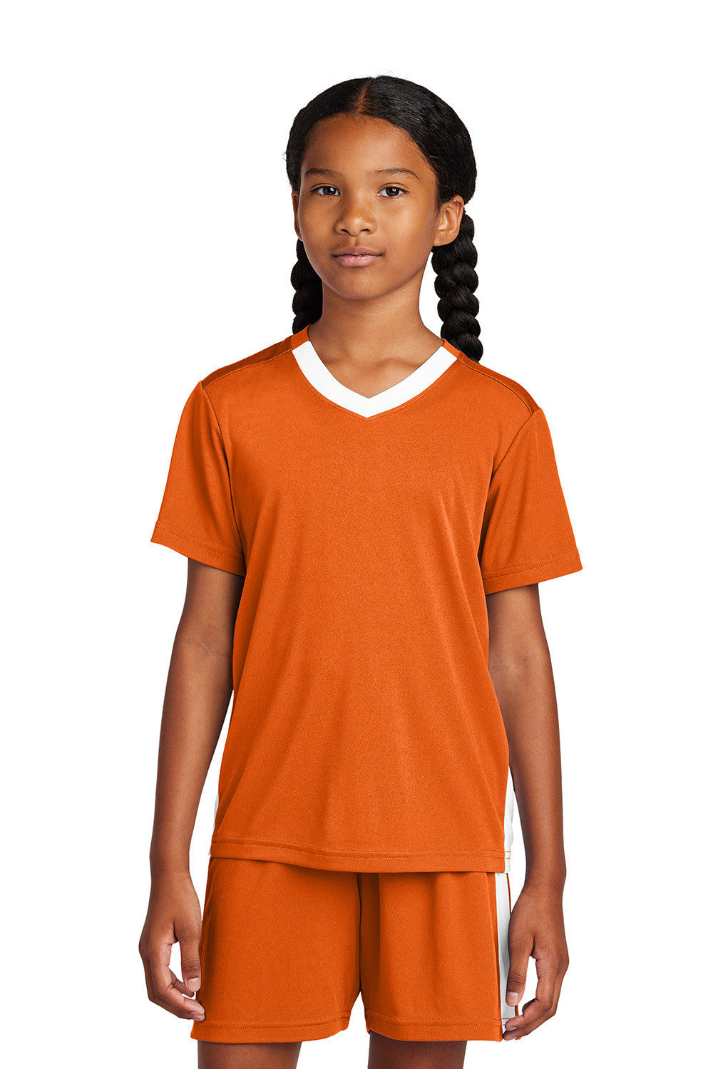 Sport-Tek YST101 Youth Competitor United Short Sleeve V-Neck T-Shirt Deep Orange/White Model Front