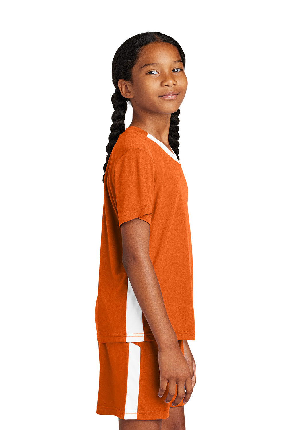 Sport-Tek YST101 Youth Competitor United Short Sleeve V-Neck T-Shirt Deep Orange/White Model Side