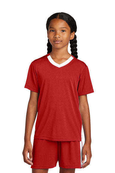 Sport-Tek YST101 Youth Competitor United Short Sleeve V-Neck T-Shirt Deep Red/White Model Front