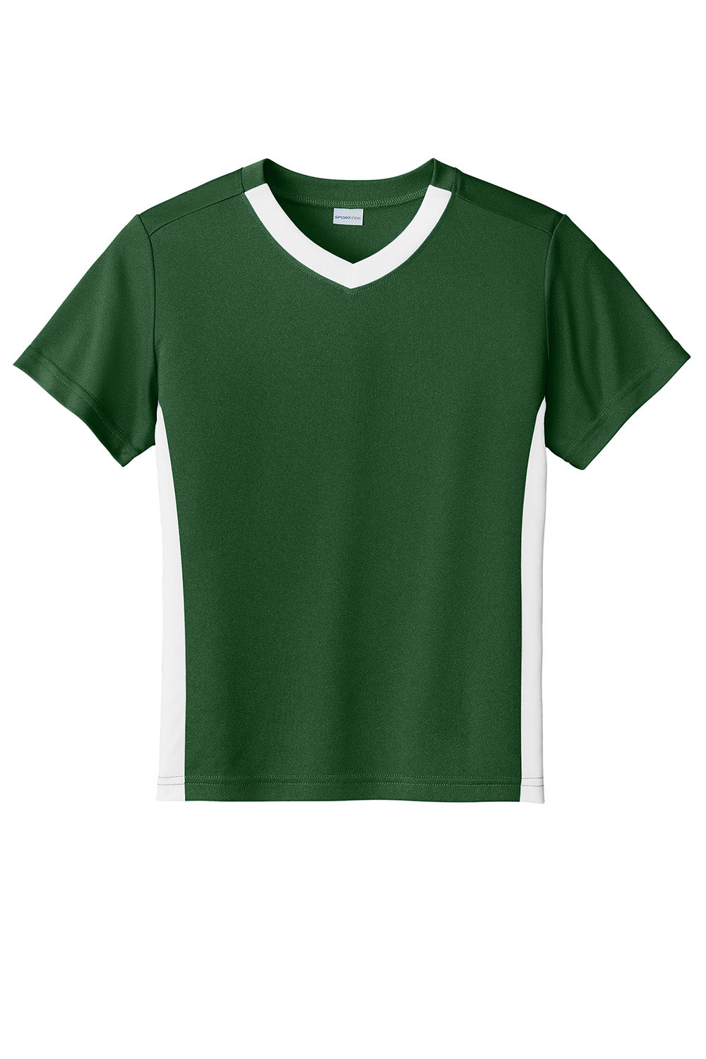 Sport-Tek YST101 Youth Competitor United Short Sleeve V-Neck T-Shirt Forest Green/White Flat Front