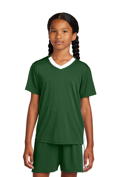 Sport-Tek YST101 Youth Competitor United Short Sleeve V-Neck T-Shirt Forest Green/White Model Front