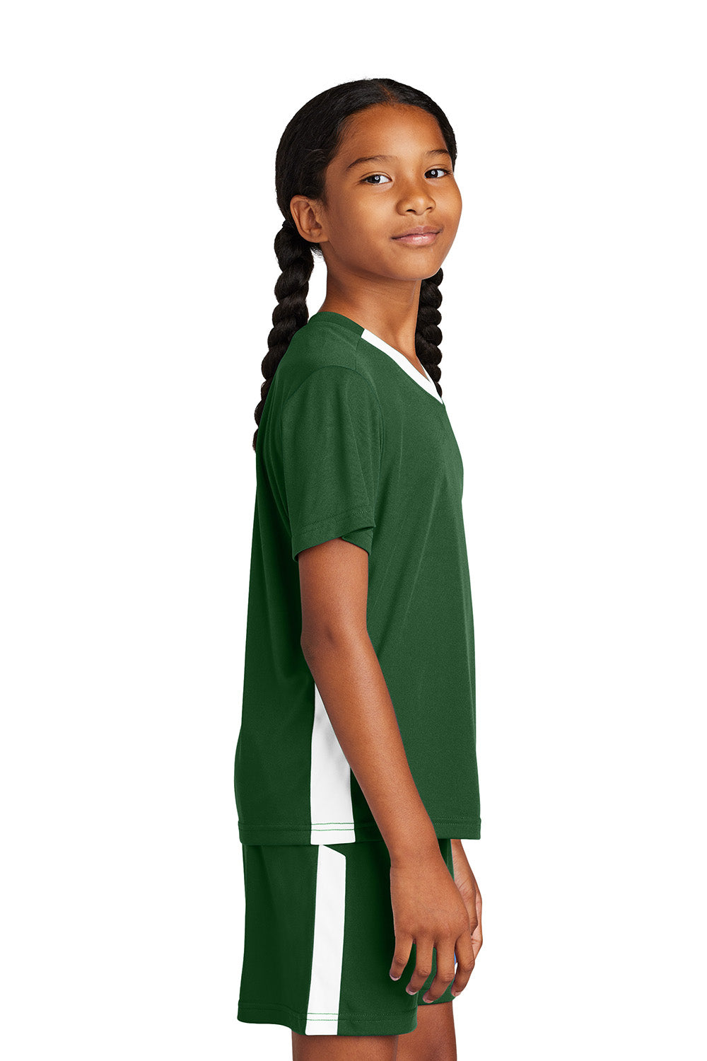 Sport-Tek YST101 Youth Competitor United Short Sleeve V-Neck T-Shirt Forest Green/White Model Side