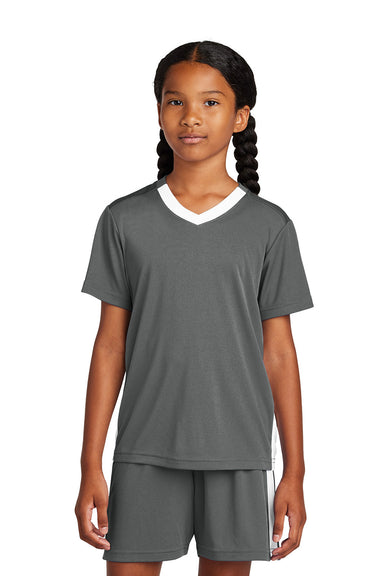 Sport-Tek YST101 Youth Competitor United Short Sleeve V-Neck T-Shirt Iron Grey/White Model Front