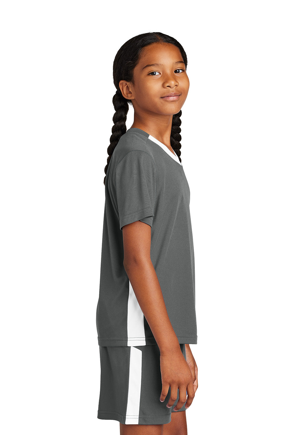 Sport-Tek YST101 Youth Competitor United Short Sleeve V-Neck T-Shirt Iron Grey/White Model Side