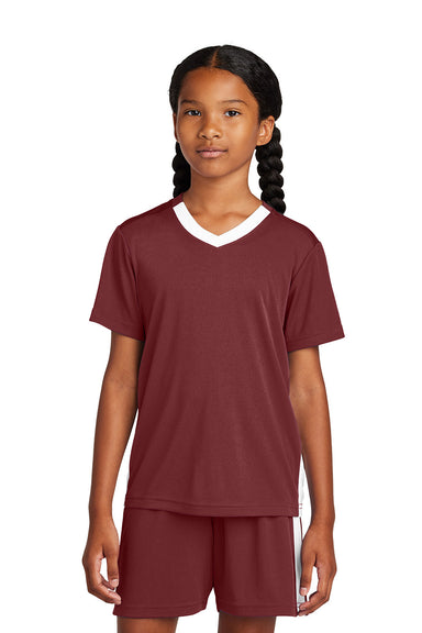 Sport-Tek YST101 Youth Competitor United Short Sleeve V-Neck T-Shirt Maroon/White Model Front