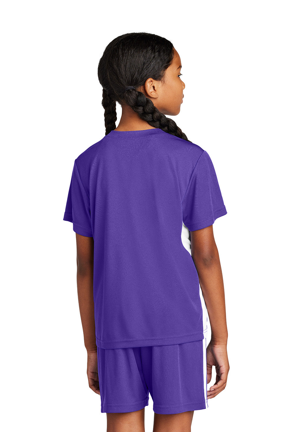 Sport-Tek YST101 Youth Competitor United Short Sleeve V-Neck T-Shirt Purple/White Model Back