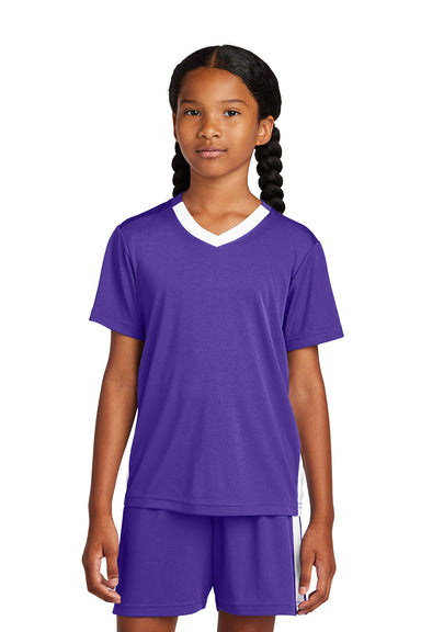 Sport-Tek YST101 Youth Competitor United Short Sleeve V-Neck T-Shirt Purple/White Model Front