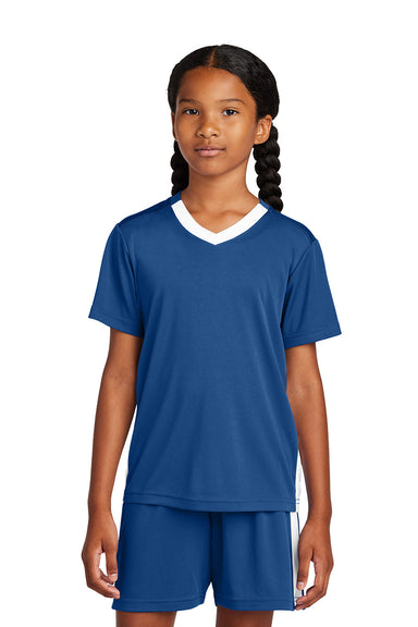 Sport-Tek YST101 Youth Competitor United Short Sleeve V-Neck T-Shirt Royal Blue/White Model Front